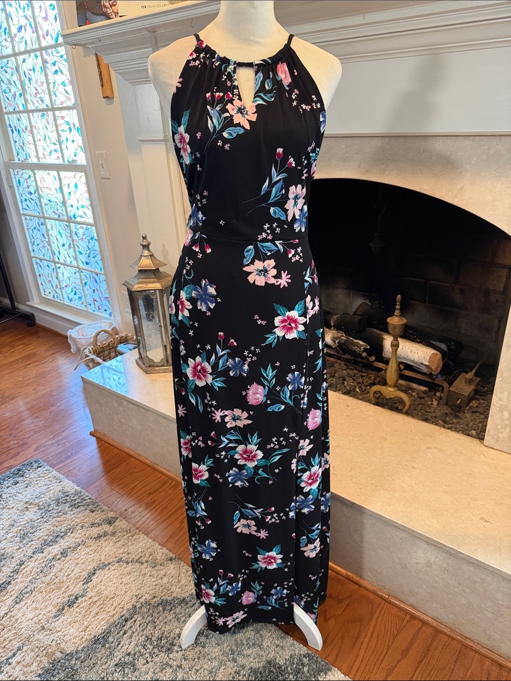 Candie's Black Halter Maxi Dress with Pink & Teal Floral Print size XL